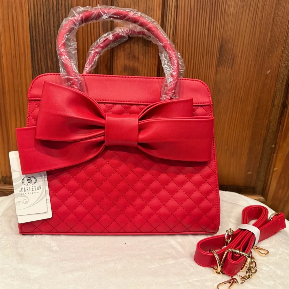 Scarleton Red Quilted Bow Satchel Handbag Crossbody Vegan Leather- NWT - Picture 1 of 8